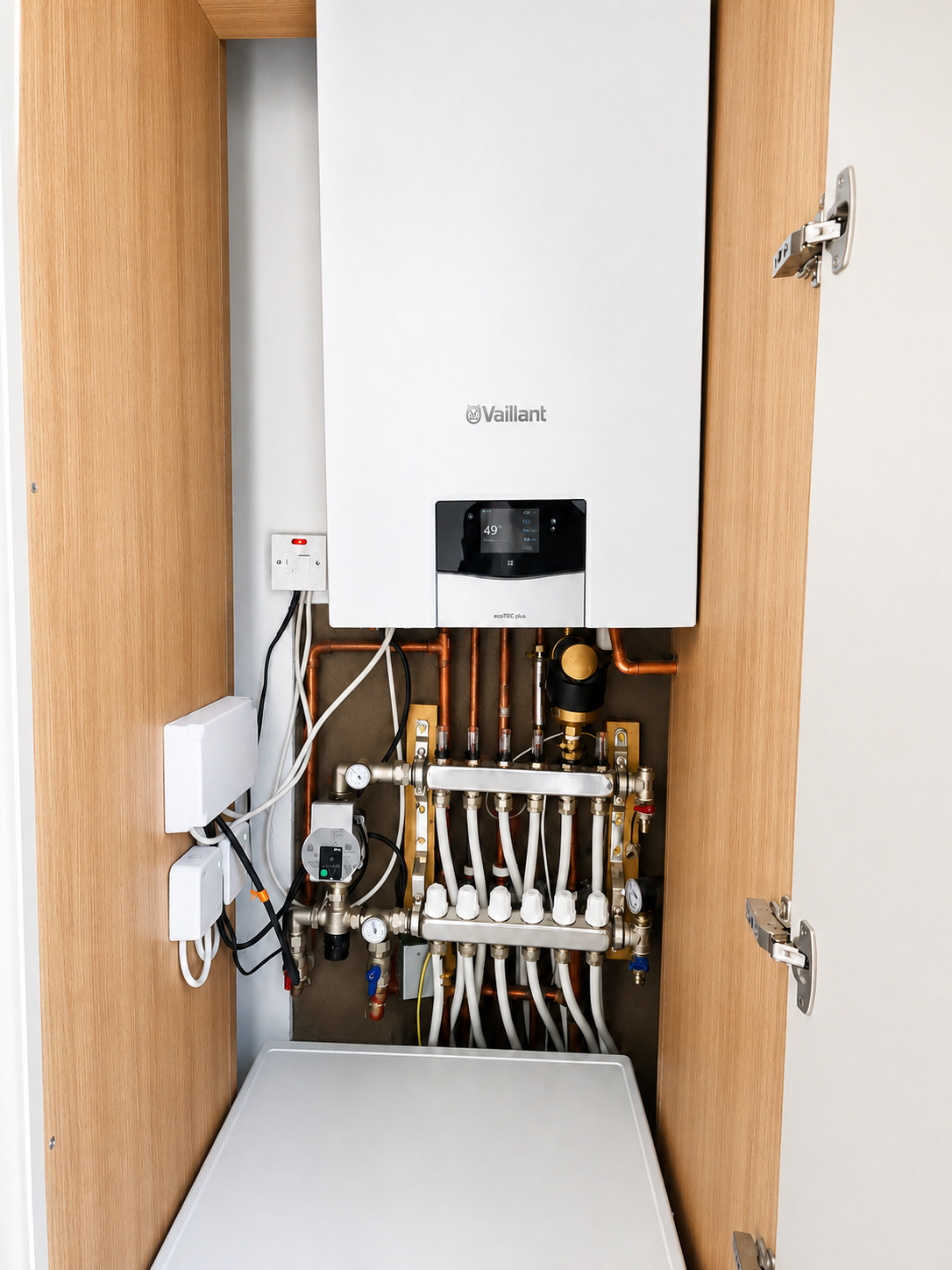 Vaillant boiler and underfloor heating system in a fitted utility cupboard