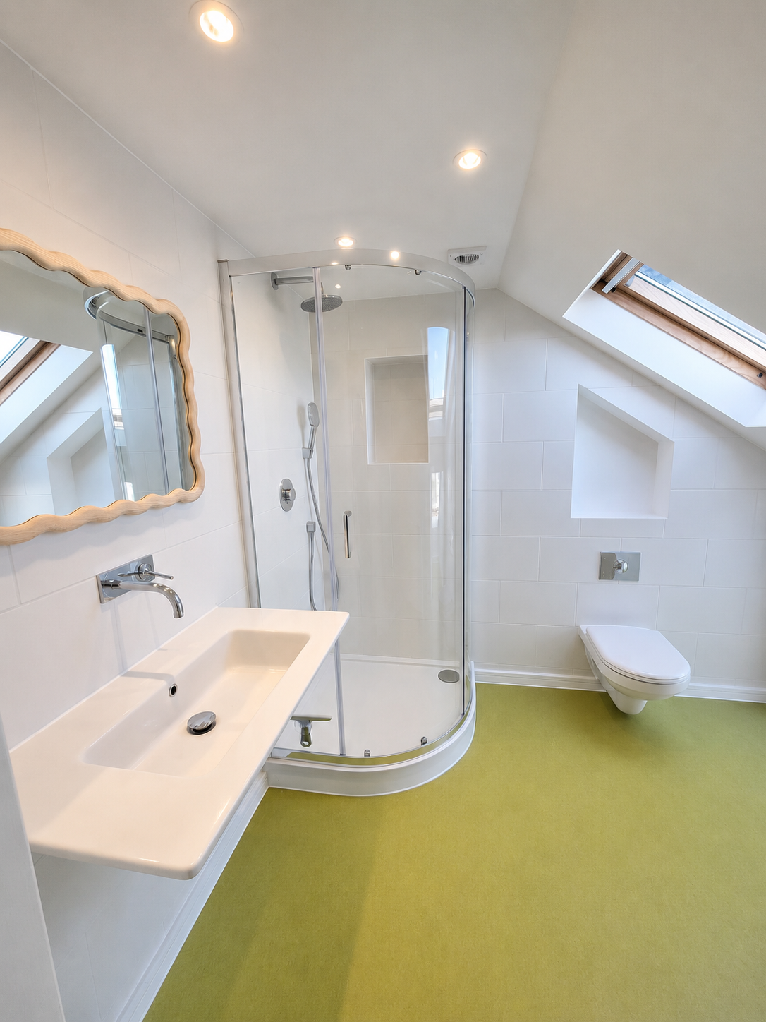 Bathroom renovation with walk-in shower and wall-hung WC