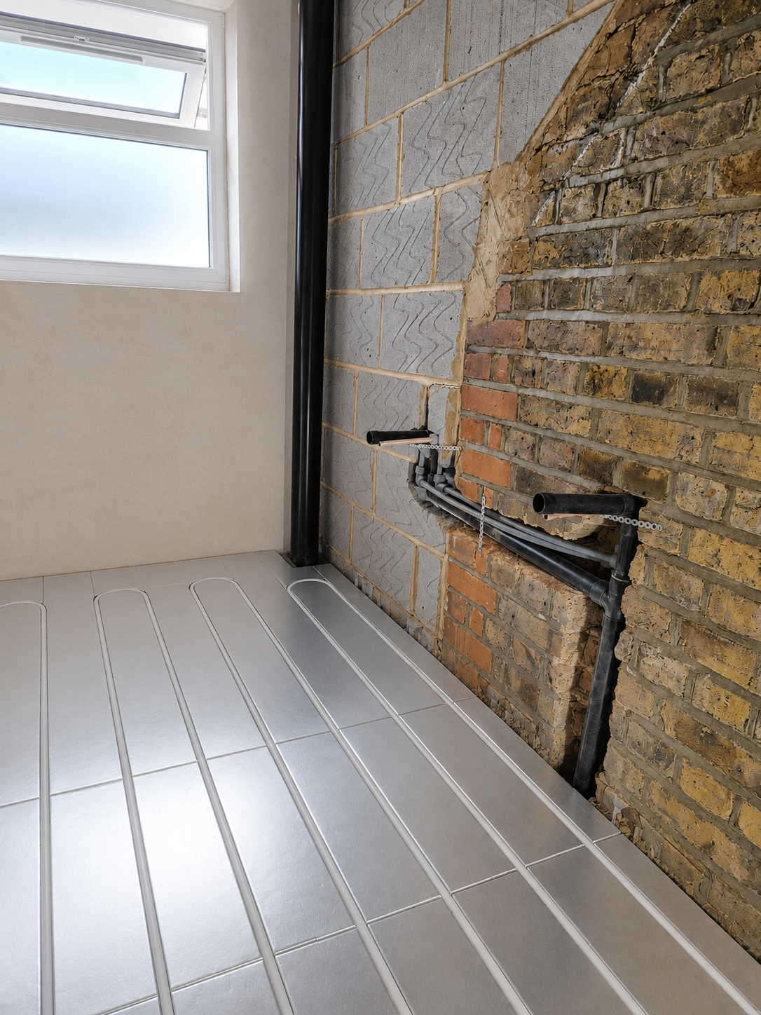 Bathroom floor with underfloor heating pipework beside newly installed plumbing and service pipework.