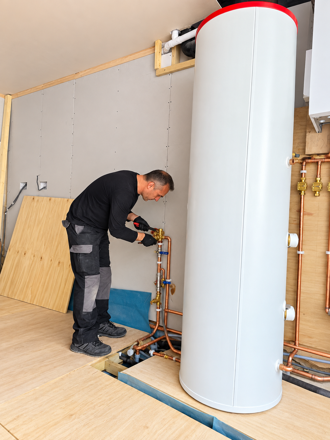 Plumber working on copper pipework beside a large hot water cylinder during a heating installation.