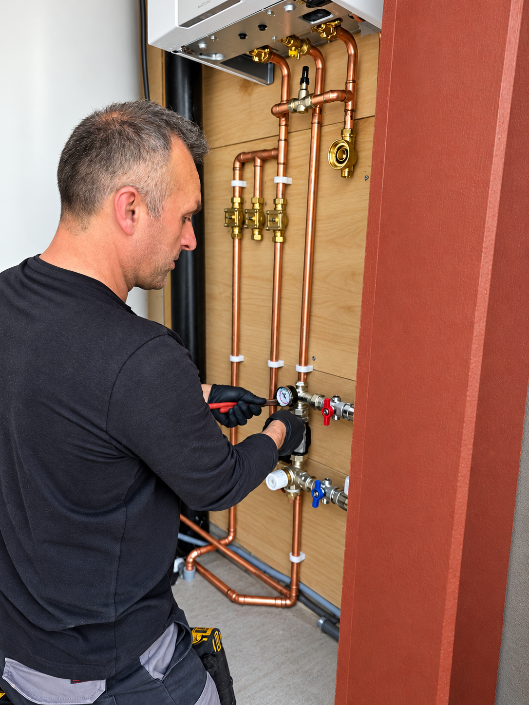 Plumber checking a heating system with copper pipework, valves and gauges beside a boiler