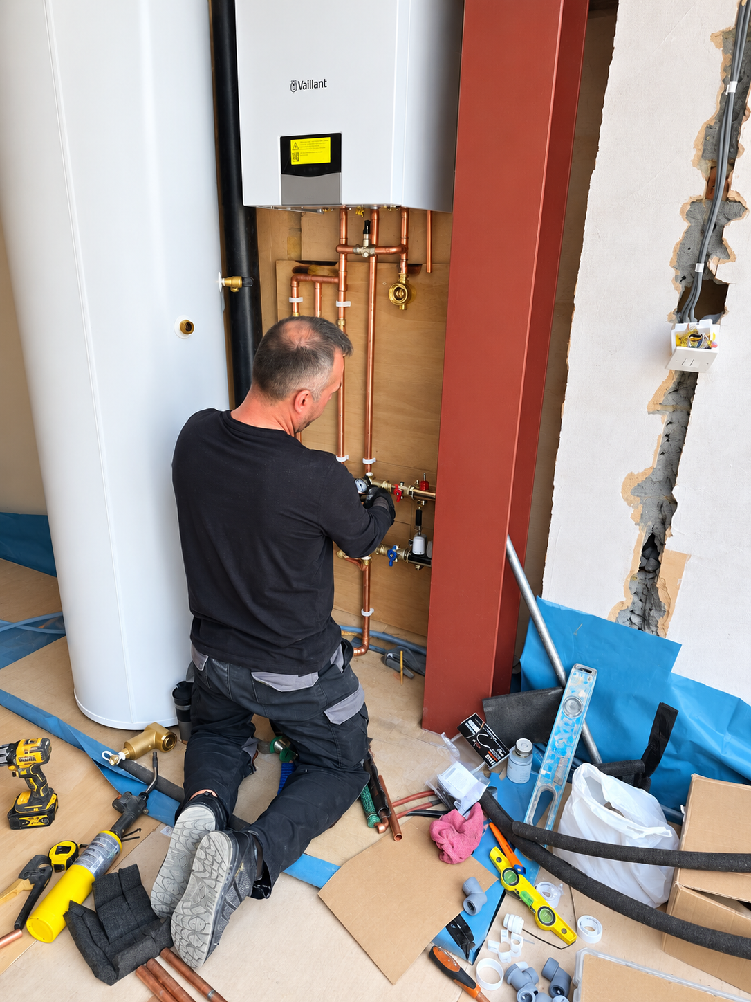 Vaillant boiler and large hot water cylinder connected with copper pipework and heating controls.