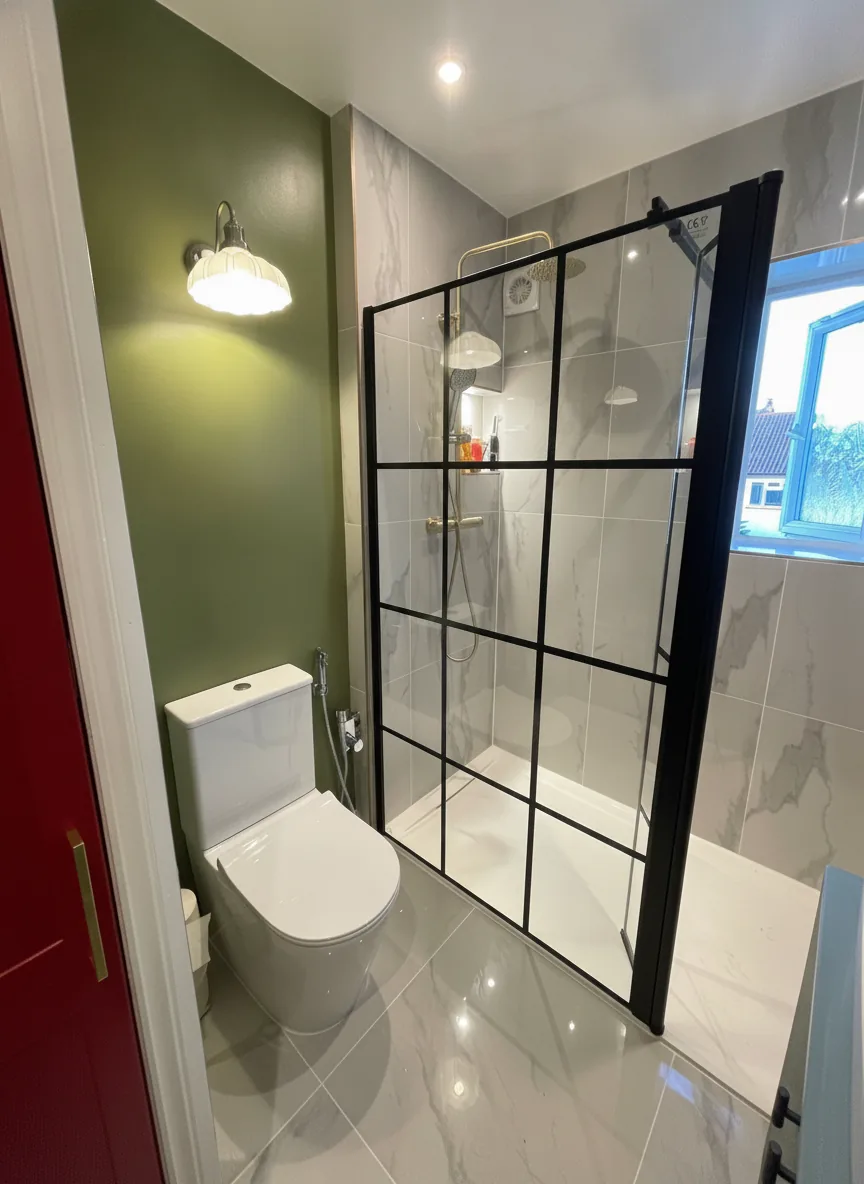 Renovated shower room with black Crittall-style shower screen, marble tiles, brass fittings and olive green walls, Barnet