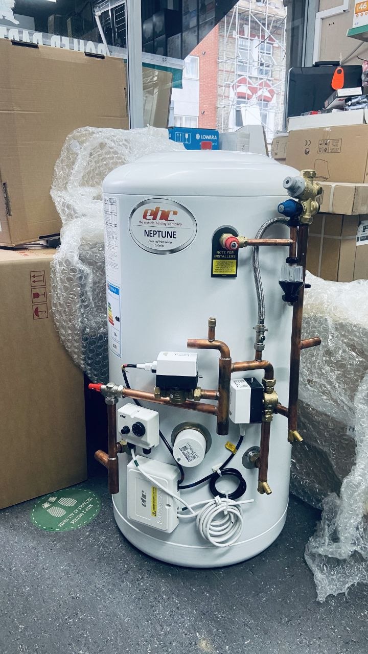 EHC Neptune unvented hot water cylinder with copper pipework and controls.